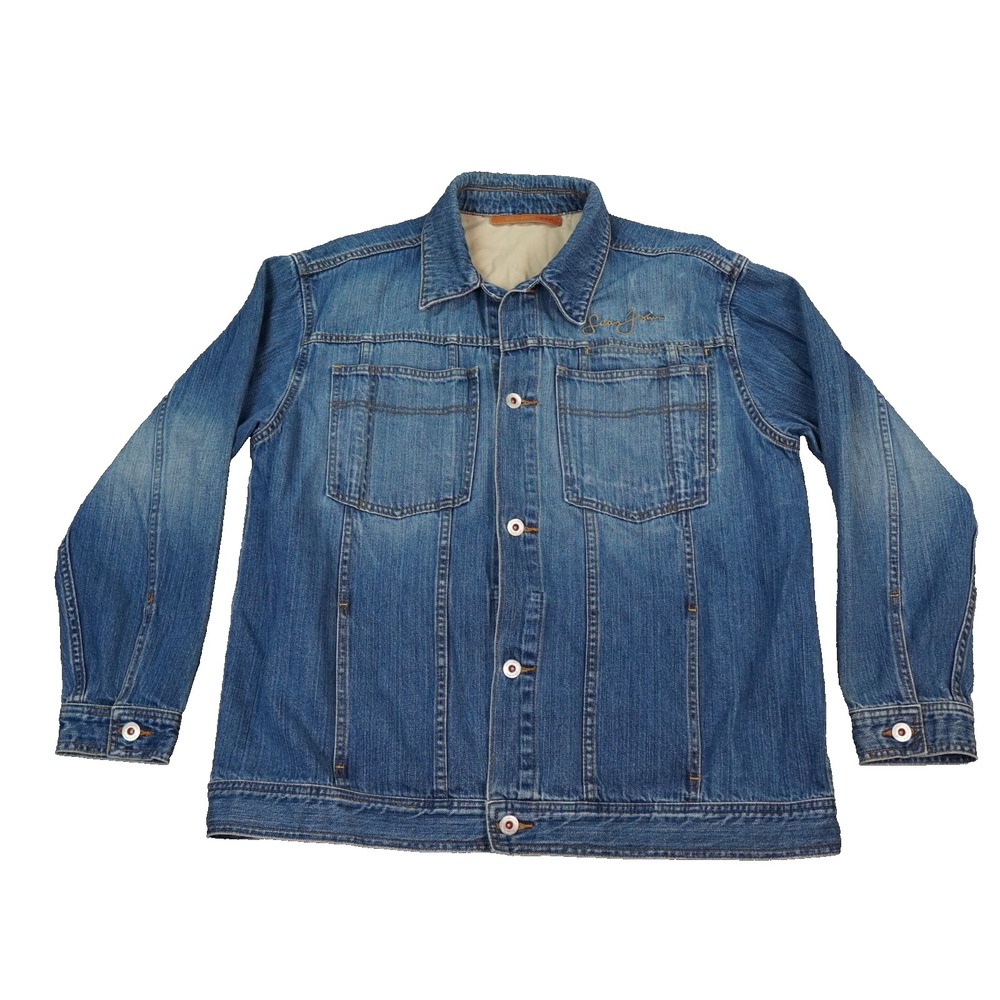 VTG Sean John Denim Jacket Men Large‎ Blue Trucker Script Hip Hop Y2K Streetwer